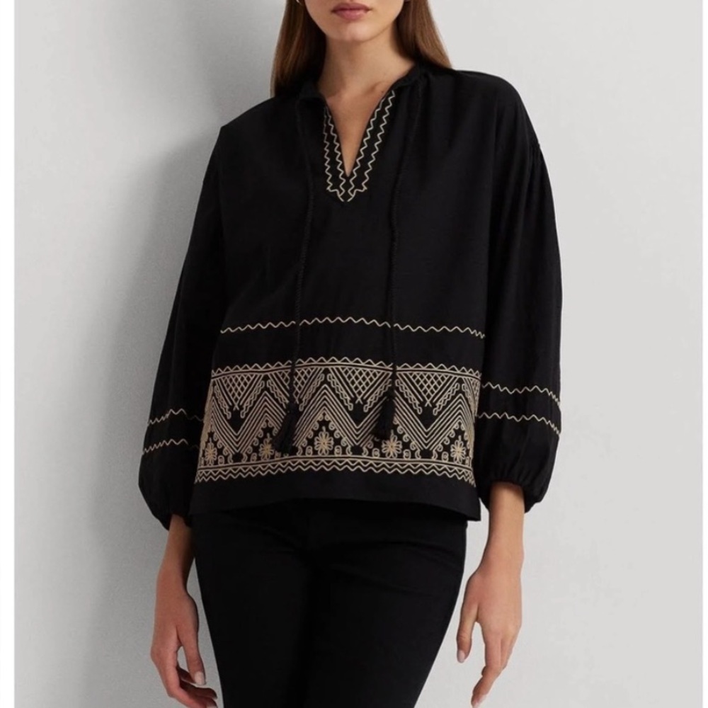 NEW Lauren Ralph Lauren Embroidered Cotton Voile Blouse Loose Flowy Size XL